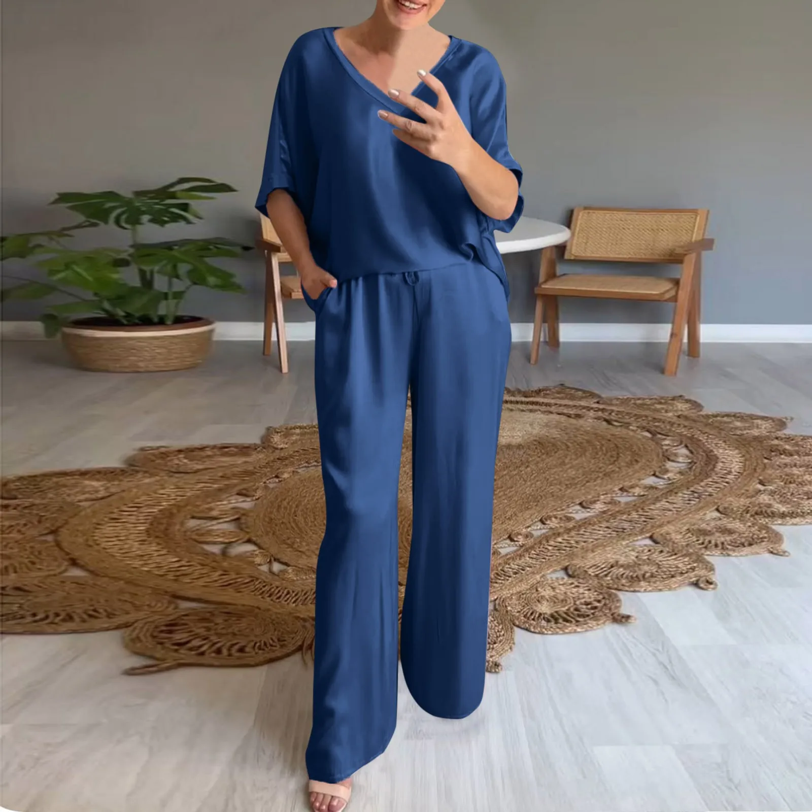 

Women Thin Silk Outfits Solid Color Sets Spring Summer Leisure Sexy V Neck T-Shirt Sleeve Tops Long Wide Leg Pants Suits