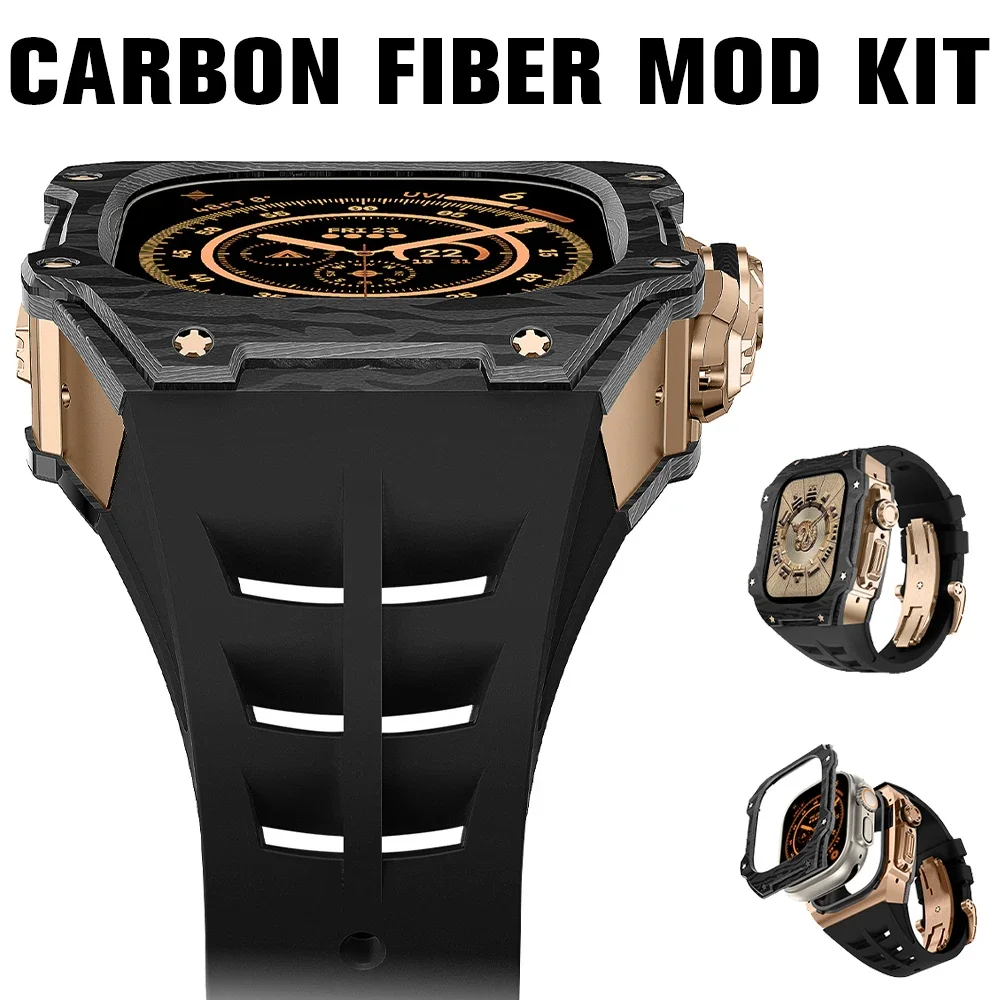 Kit de modificación de fibra de carbono de lujo para Apple Watch Ultra/Ultra 2, cubierta de titanio de 49MM para IWatch Series, correa de Fluororubber de 49Mm