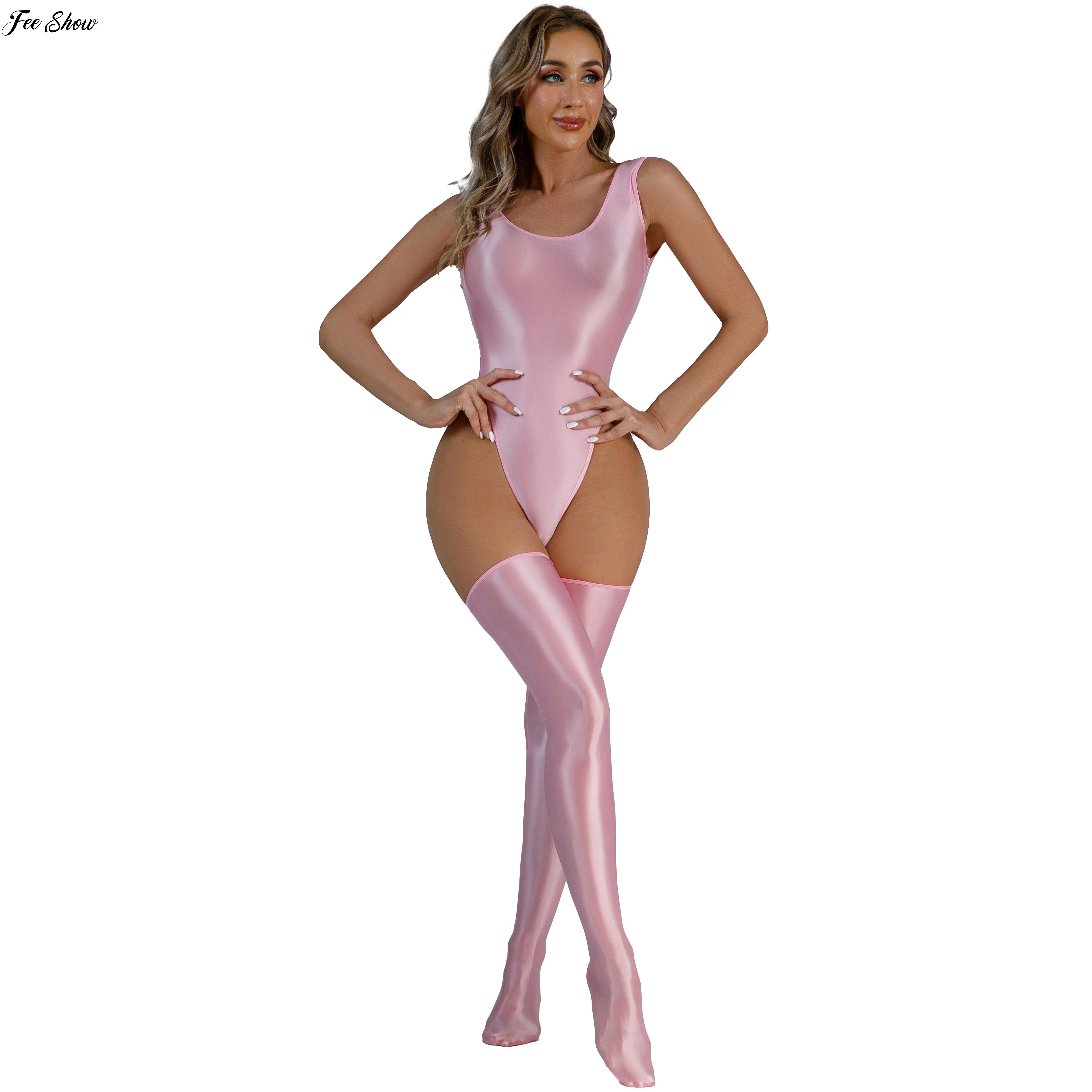 

Hot Women Sexy Bikini Swimsuits Bodysuit Swimwear Sleeveless Bodysuits Glossy Backless High Cut Thong Leotard Lingerie Nightwear