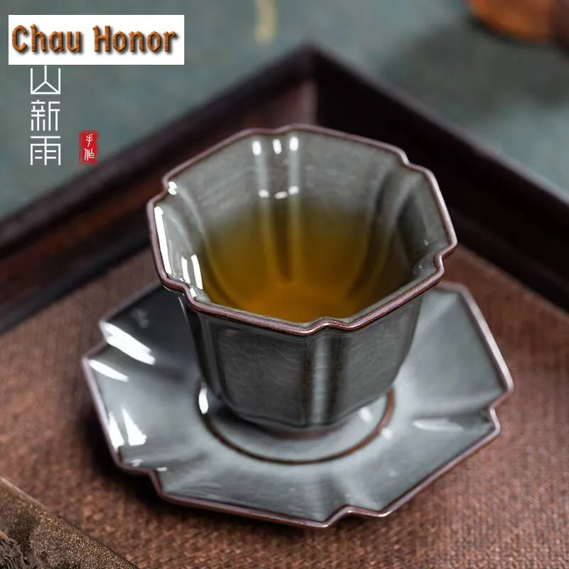 80ml Handmade Longquan Celadon Teacup Creative Hexagonal Palace Lamp Chazhan Iron Tyre Master Cup with Saucer Set Teaware Gifts