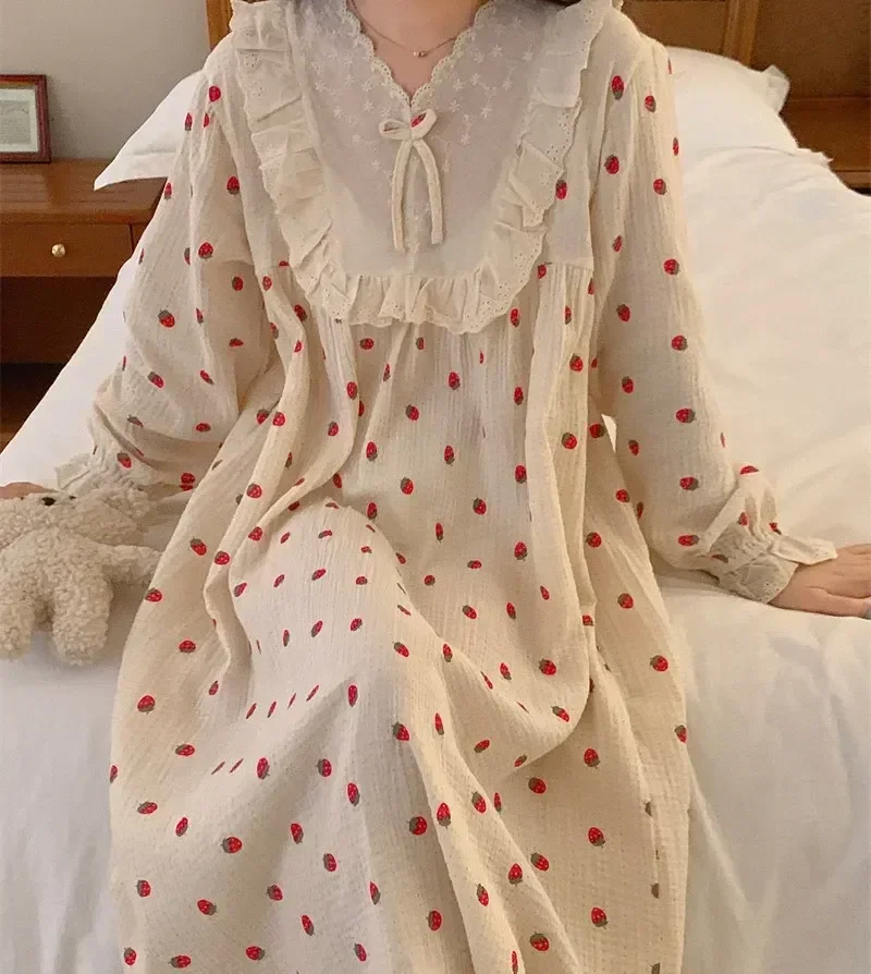 

Soft Casual Nightgown Strawberry Ruffle Princess Print Women Sleeve Long Nightdress Sleepdress Comfortable Cotton Home