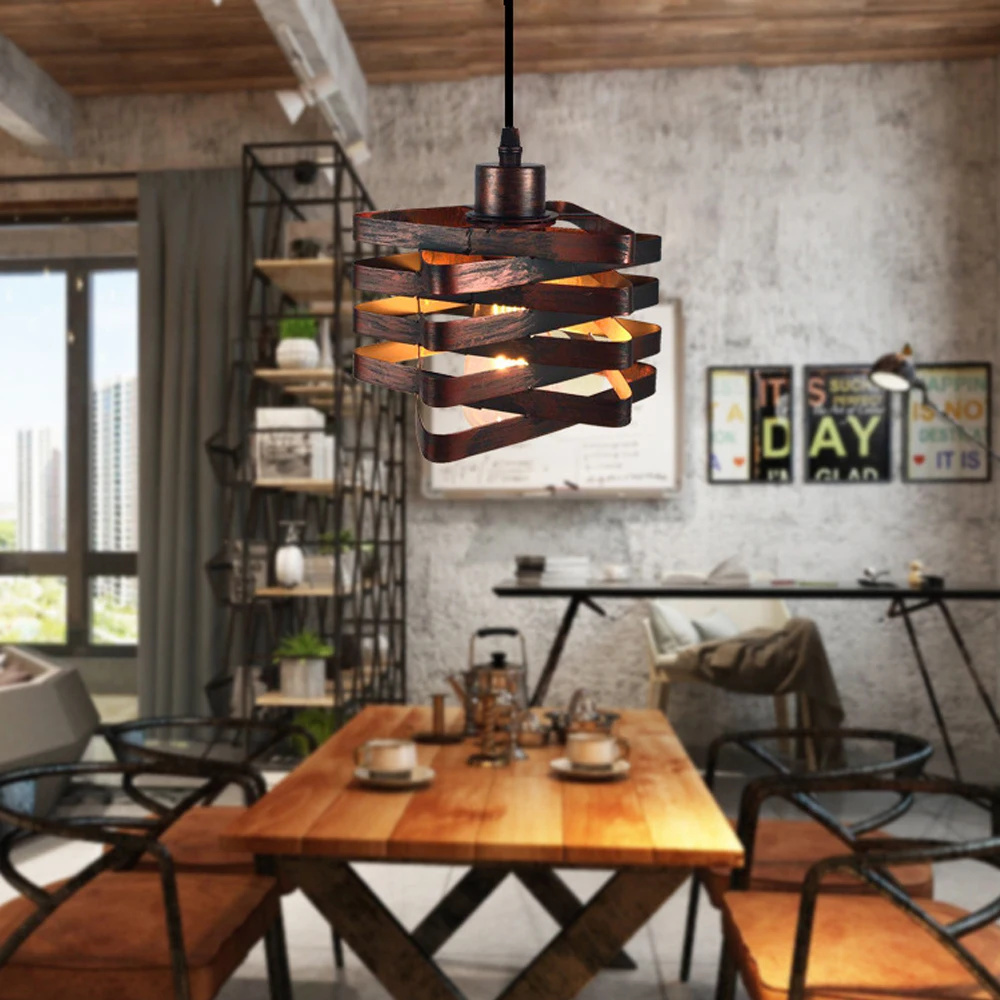 PANNN Lustre En Bois Rétro Vintage Pendant Light Industrial