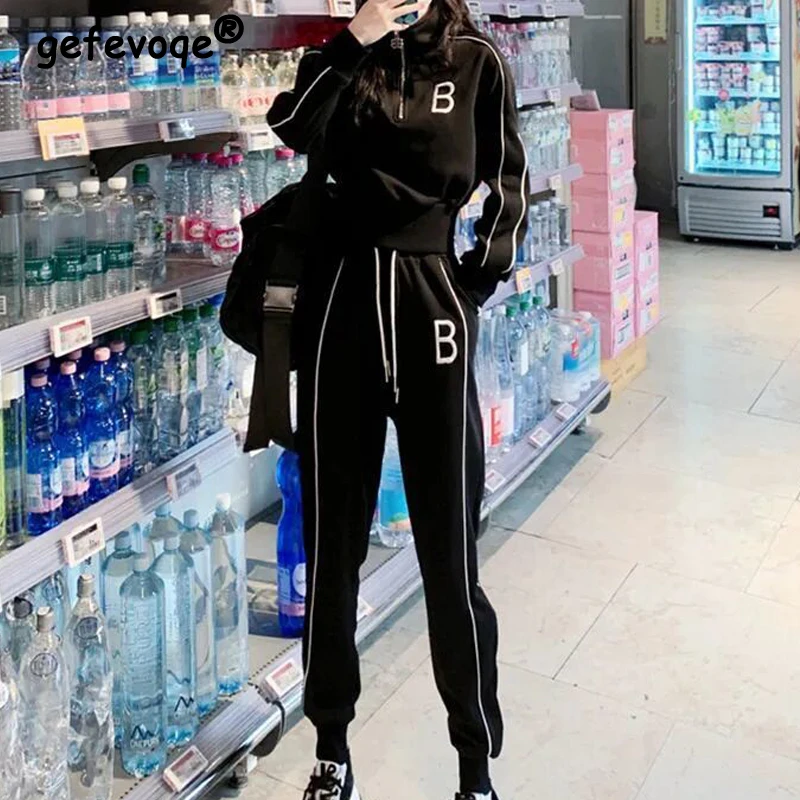 

2 Piece Sets Women Korean Fashion Stand Collar Half Zipper Sweatshirts Sports Joggers Pants Casual High Waist Sweatpants Outfits