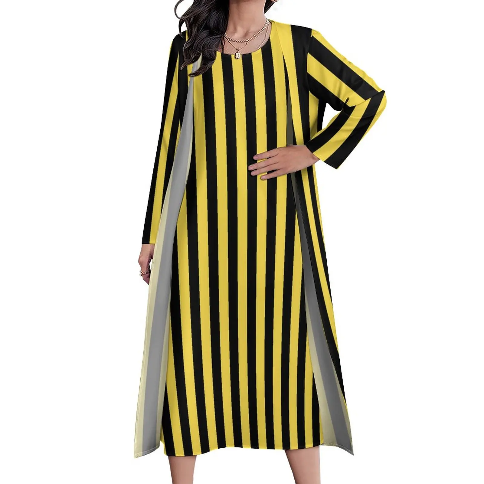 

Платье-макси в Вертикальную Полоску, винтажное длинное черно-желтое платье с графическим принтом, повседневная одежда большого размера из двух предметов