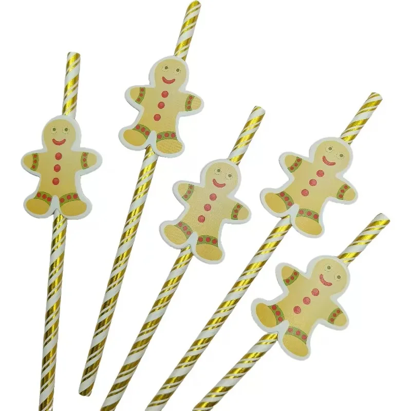 thumbnail image 1 of 10/20/50 pajitas navideñas de papel desechables con forma de Papá Noel, árbol, muñeco de nieve, hombre de jengibre, medias, pajitas con patrón de campana, 1 of 5