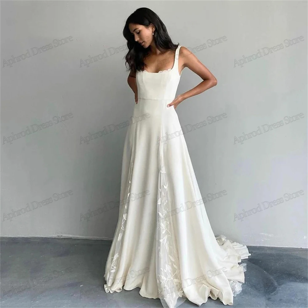 Vestidos De Novia elegantes De satén, Vestidos De Novia De línea a, Apliques De encaje, batas De cuello cuadrado para fiesta Formal, Vestidos elegantes De Novia