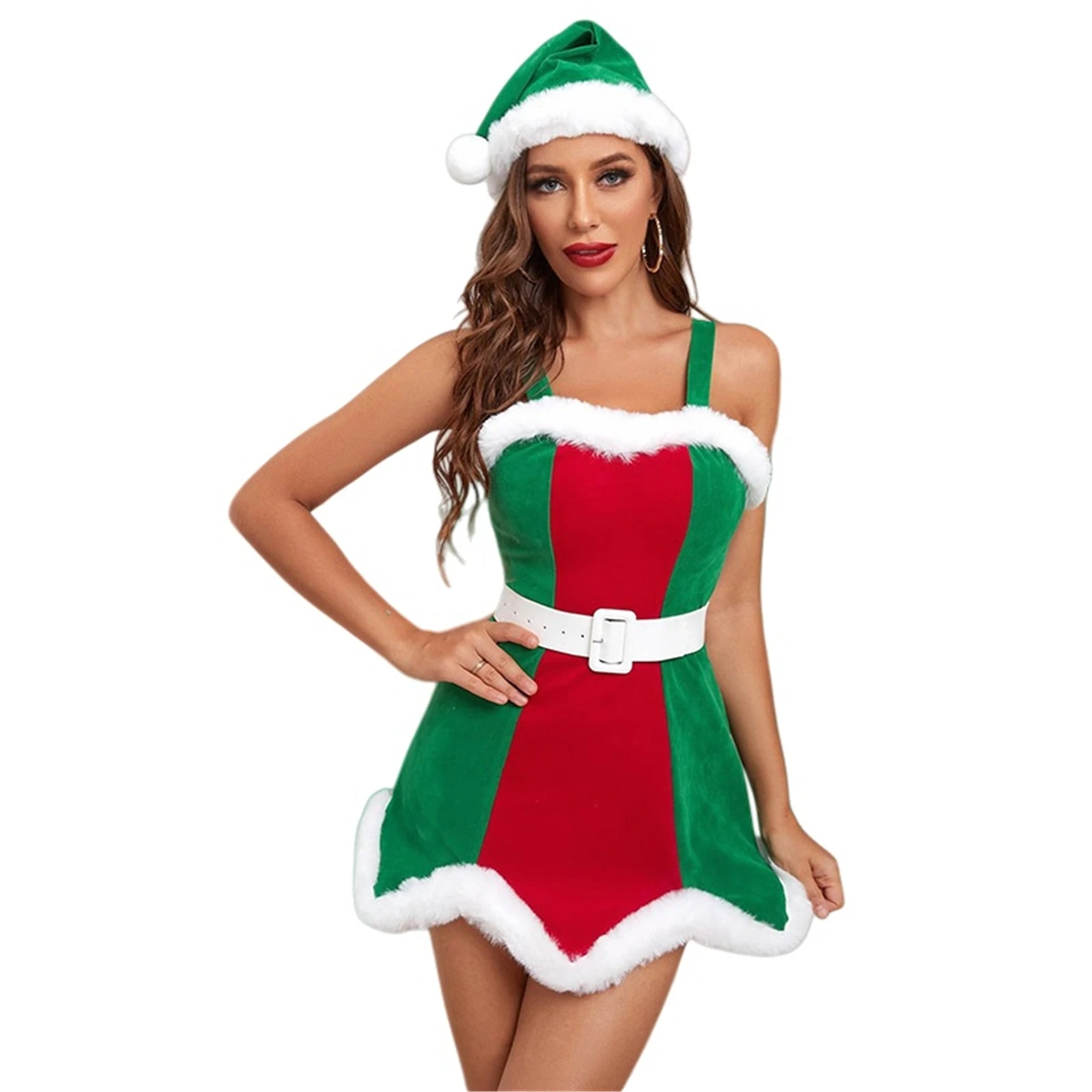 Robe Mère Noël Sexy à Bretelles avec Bonnet et Ceinture – photo 6