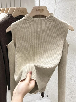 سترة نسائية موضة خريف وشتاء 2021 من AOSSVIAO بلوفرات مكشوفة الأكتاف بلون سادة وأكمام طويلة مفرغة بياقة مدورة