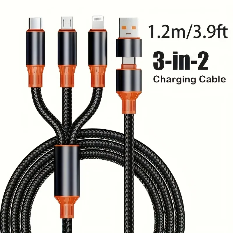 1pc 1.2m/3.9ft 3-in-1 data cable, USB A to type-c/lightning, type-c to type-c/lightning braided transport fast data cable