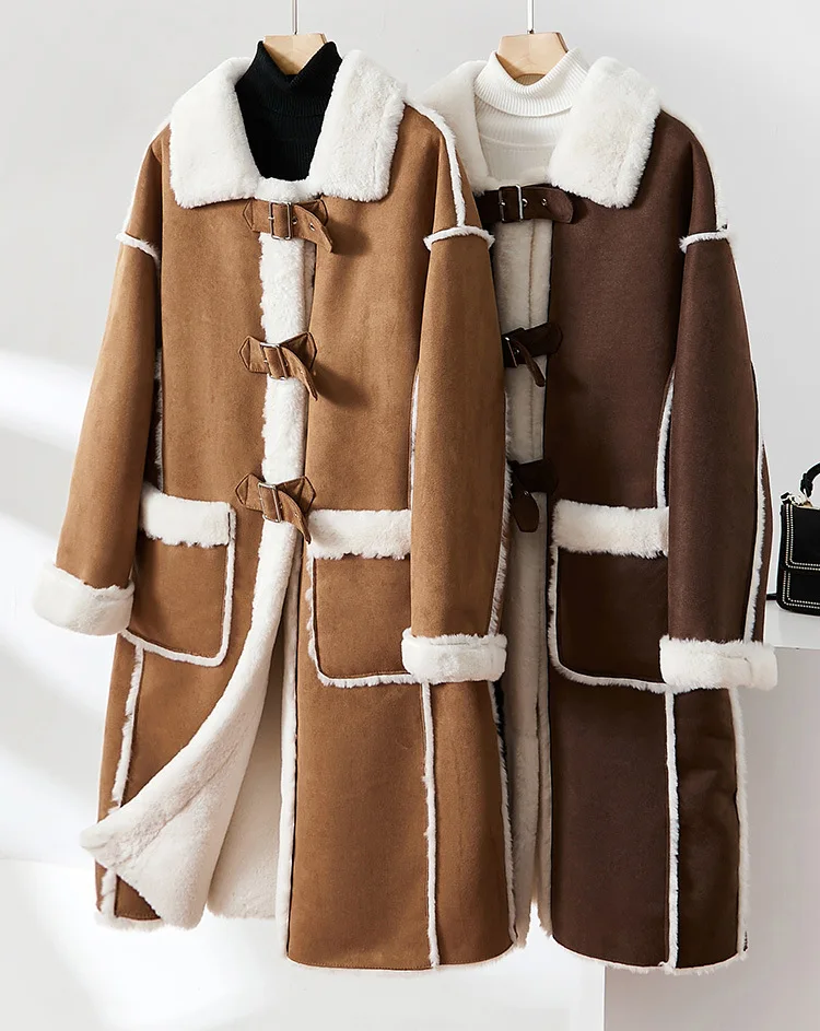 

2023 new winter imitation lamb fur coat for women's leather buckle design for warm fur integrated mid-long