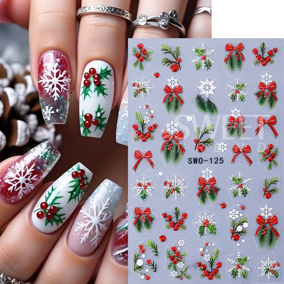 2pcs Cartoon Christmas Nail Art Stickers Self-Adhesive Winter Holly Snowflake Bow Santa Claus Reindeer Nail Decal Manicure Decor