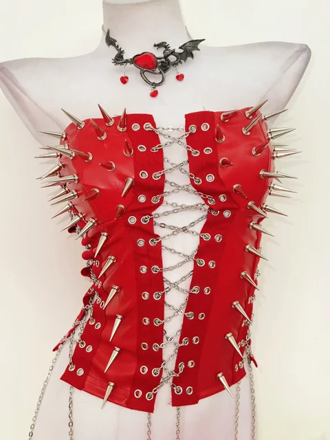 Red Lace Up Spikey Corset Top 4