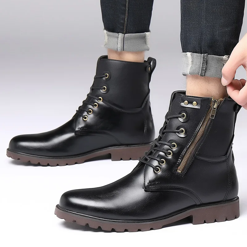 Autumn Large Size 38-48 Men's Chelsea Boots Fashion High Leather Shoes Zipper Casual