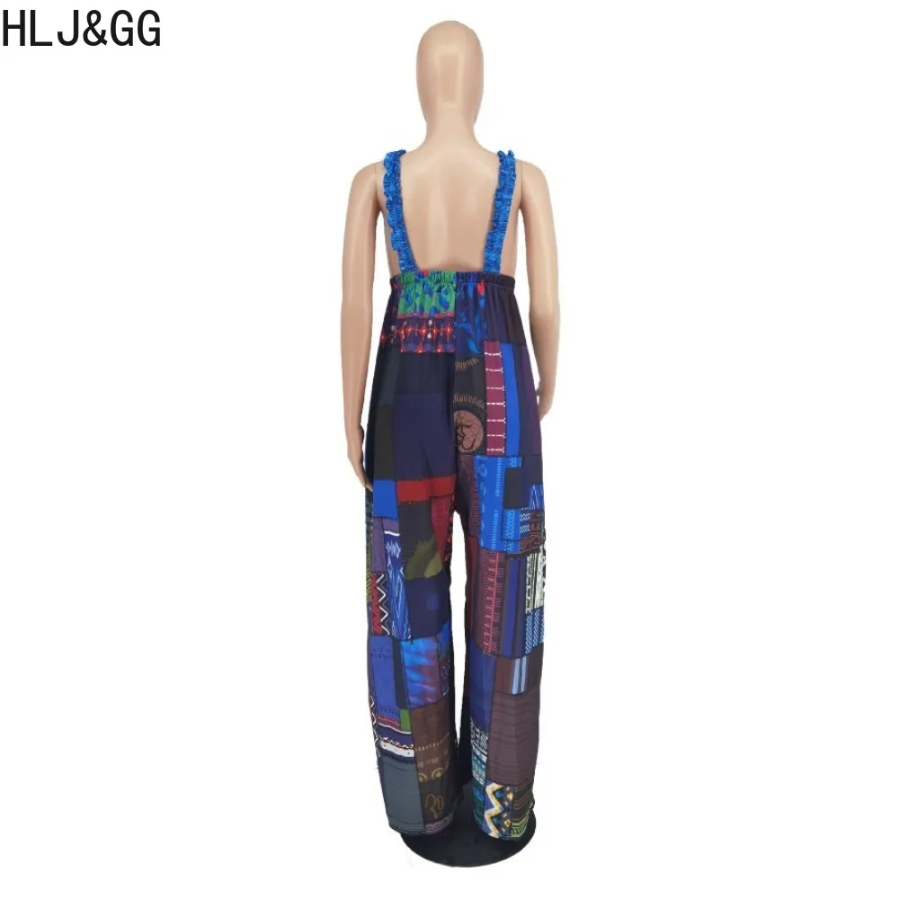 HLJ&GG Fashion Bohemian Paisley Printing Loose Strap Jumpsuits Women Sleeveless Backless Wide Leg Pants Playsuits Casual Overall