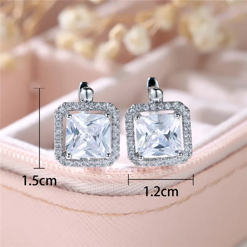 Luxury Female Green Square Zircon Stone Clip Earrings Charm Silver Color Wedding Jewelry For Women
