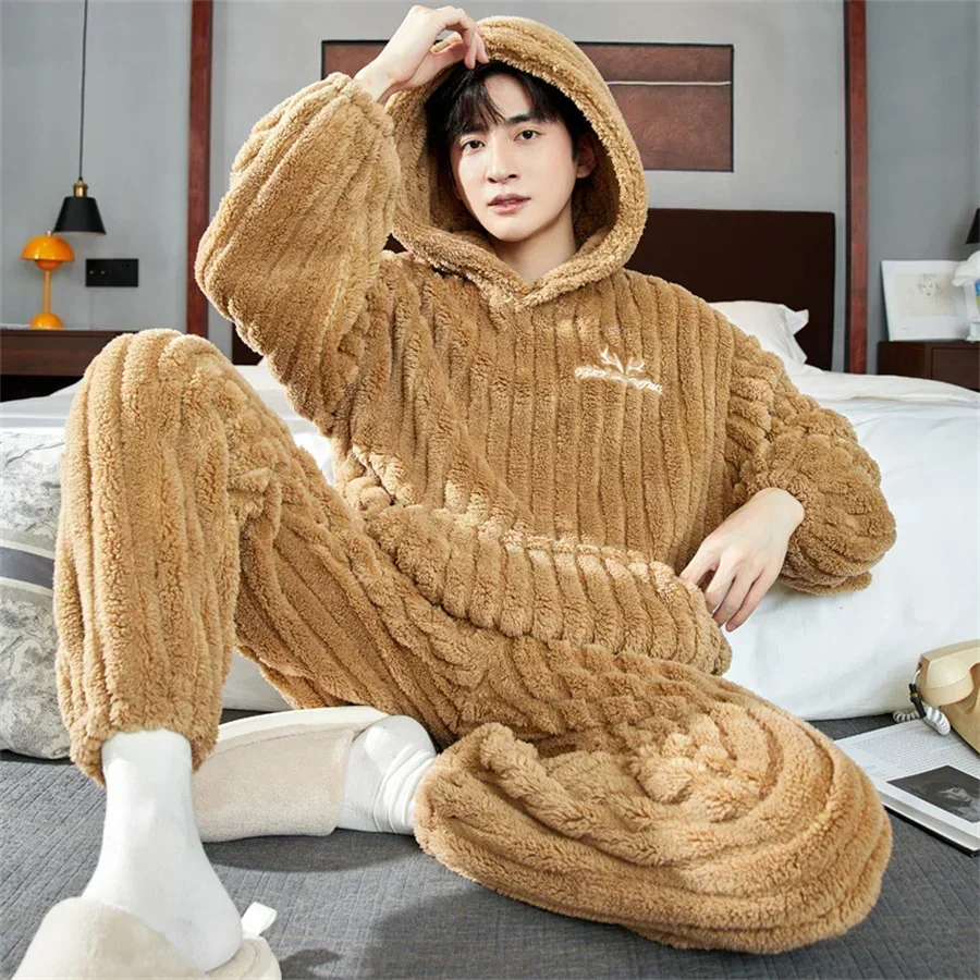 Pajamas Set Men Winter Coral Fleece 2 Piece