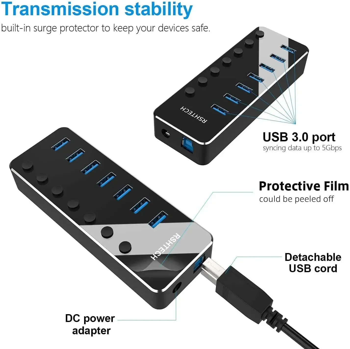 RSHTECH USB 3.0 Hub 7 Port Expander 5Gbps Data Transfer USB Splitter with Individual On/Off Switches and 5V/2A Power Adapter 4