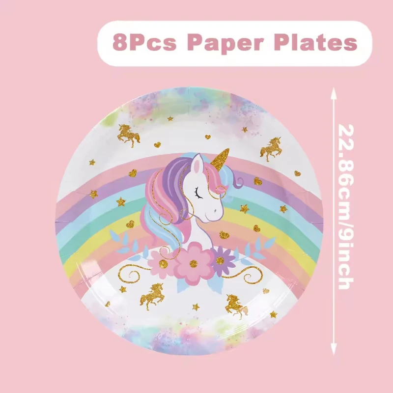 Neues Regenbogen-Einhorn Geburtstags-Dekorationsset Party-Zubehör Einhorn Happy Birthday Tischgeschirr-Set Teller Becher Ballons Party-Favors – Detail 6