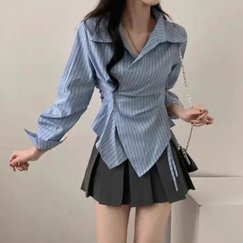 Chemise rayée décontractée printemps-automne pour femme, chemisier élégant à manches longues, coupe ajustée, hauts de bureau pour femme