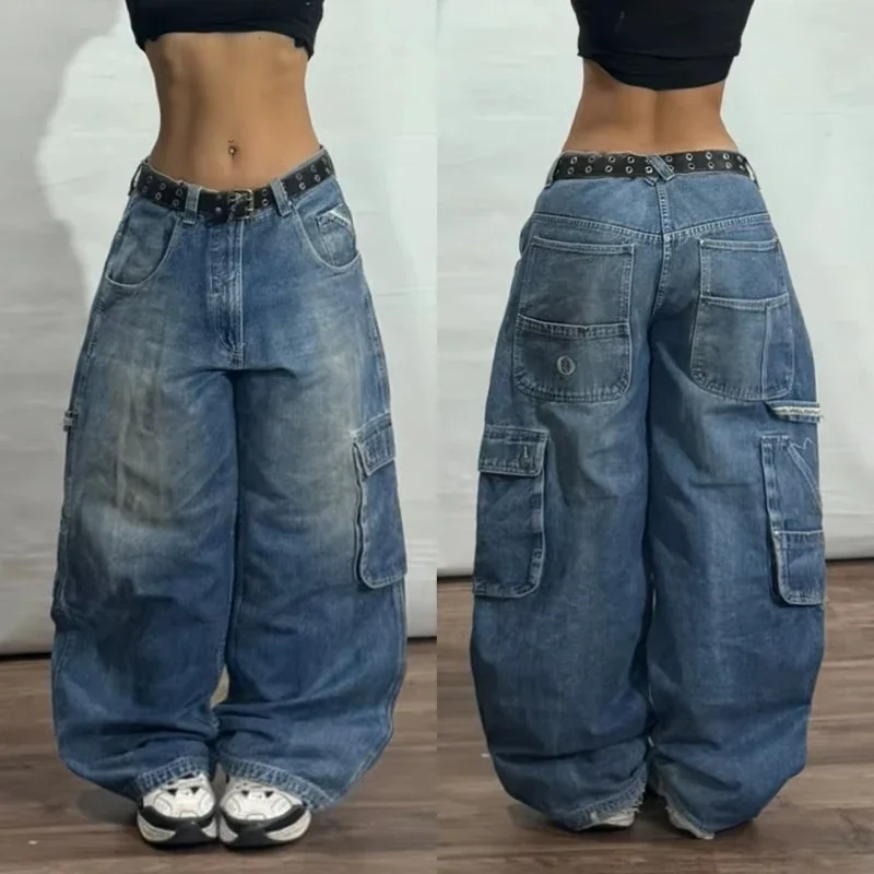 Y2K American Punk Multi Pocket Tooling Jeans Female Hip Hop Oversized Mopping Street Wide Leg Pants Couple Fashion Casual Jeans 2