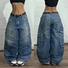 Y2K American Punk Multi Pocket Tooling Jeans Female Hip Hop Oversized Mopping Street Wide Leg Pants Couple Fashion Casual Jeans 2