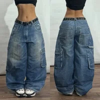 Y2K American Punk Multi Pocket Tooling Jeans Female Hip Hop Oversized Mopping Street Wide Leg Pants Couple Fashion Casual Jeans 2