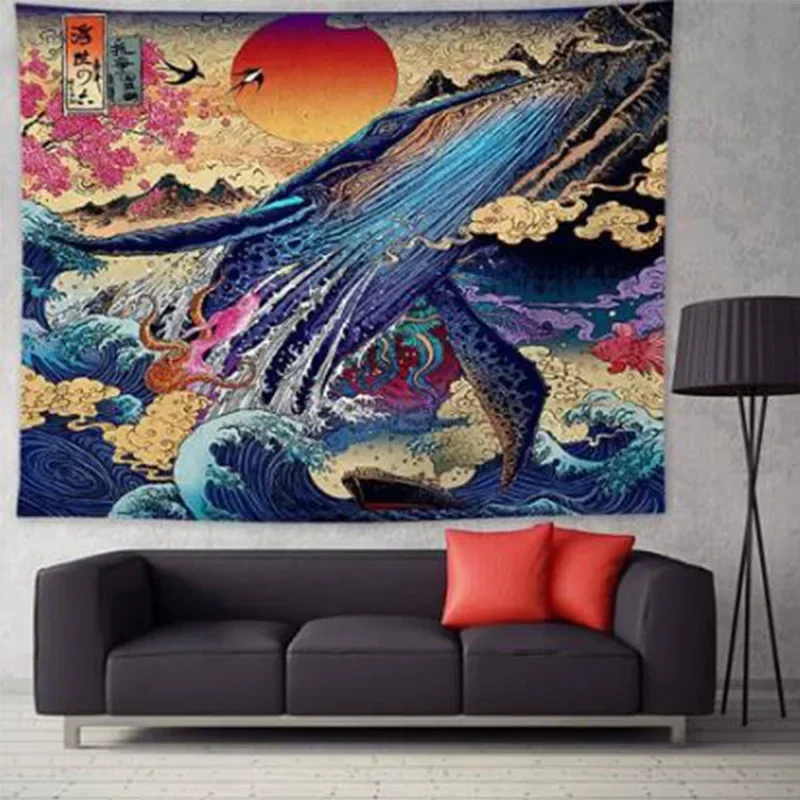 Great Wave of Kanagawa Tapestry Wall Hanging Whale Wall Carpet Tapestries Cloth Mandala Boho Bedspread
