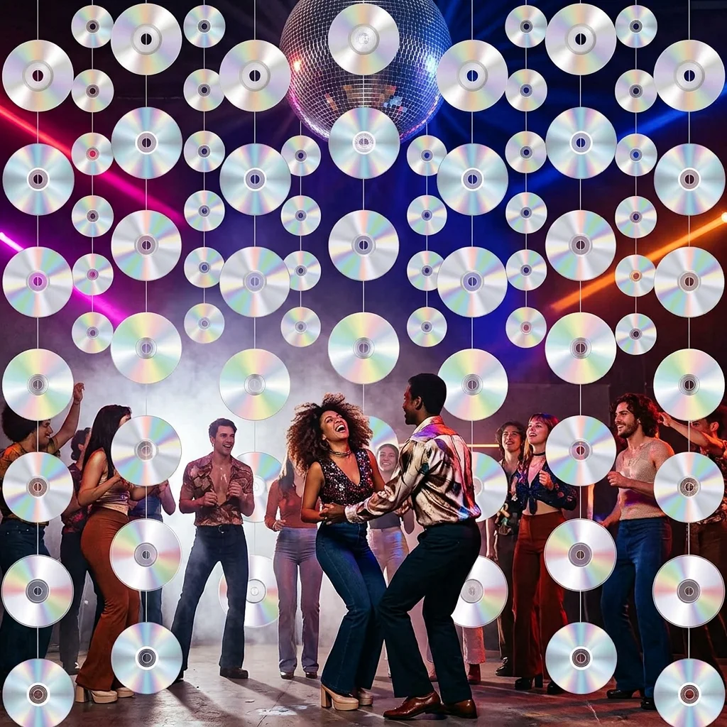 Disco Party Decorations Holographic CD Record Hanging Garland Backdrop 90s 2000s Retro Birthday Theme Streamer Wall Decor Prop