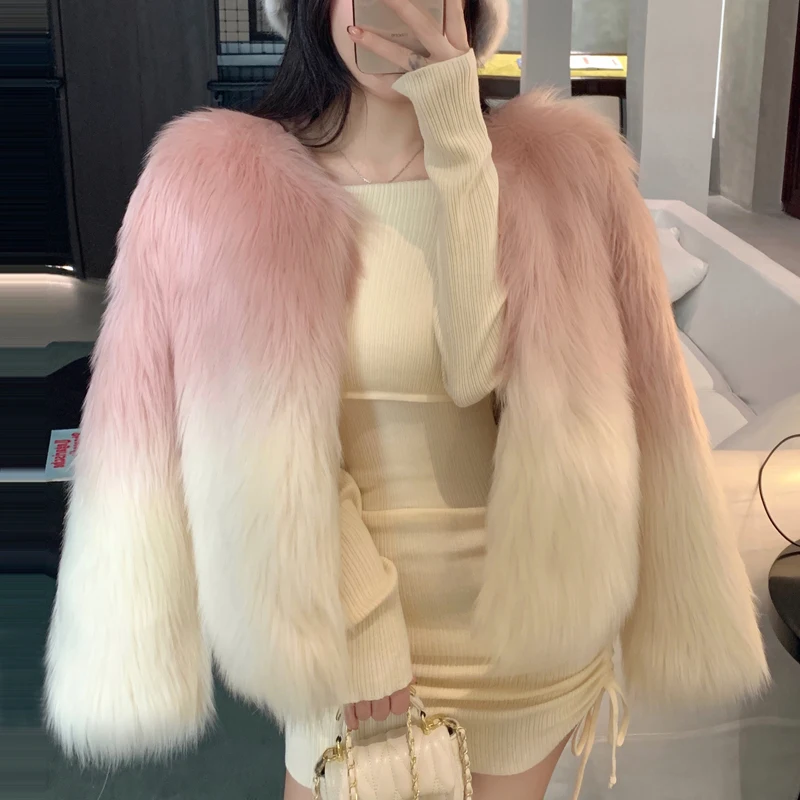 2023 New Winter Faux Fur Coat Women Contrast Color Long Sleeves Thick Warm Faux Fur Coats Fashion Lady