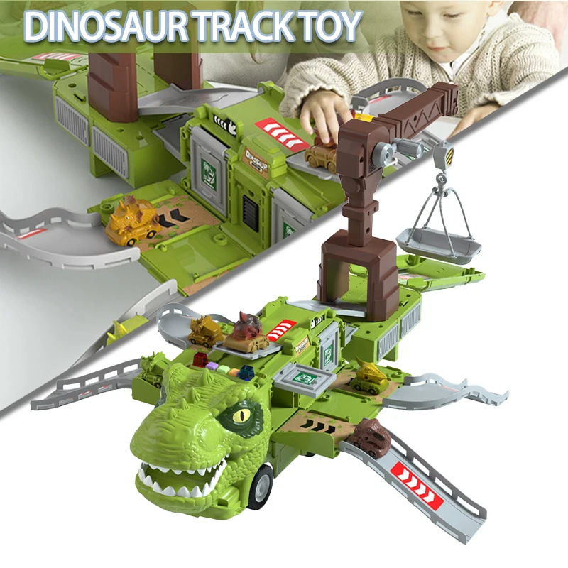 Dinosaur Transforming Engineering Truck Track Toy Set With Lights and Music Designed with High Quality and Durable Materials dinosaurs climbing slide light up music stairs toy with five dinosaur alloy race cars halloween christmas gift for kids