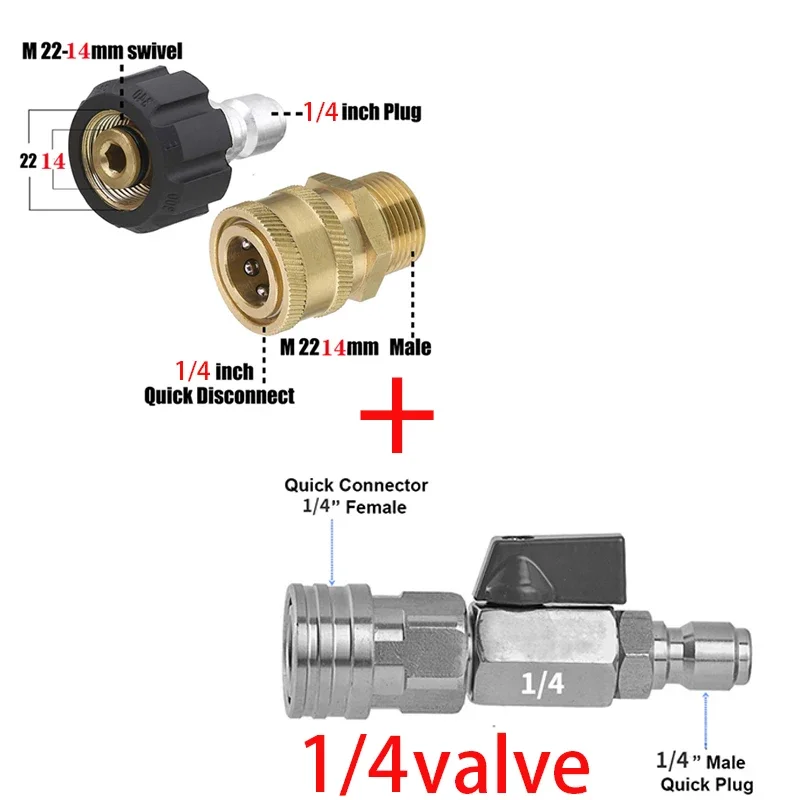 

Pressure Washer Adapter Valve Set Quick Connect Kit Metric M22 14Mm To 1/4 Inch Female Swivel To M22 Male Fitting 5000 Psi