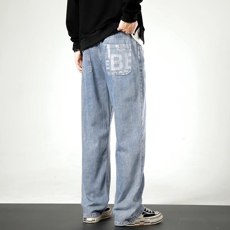 New Style Y2K Jeans Mens Straight Loose Elastic Waist Hip Hop Trouser Streetwear High Street Wide Leg wash Baggy Pants Men