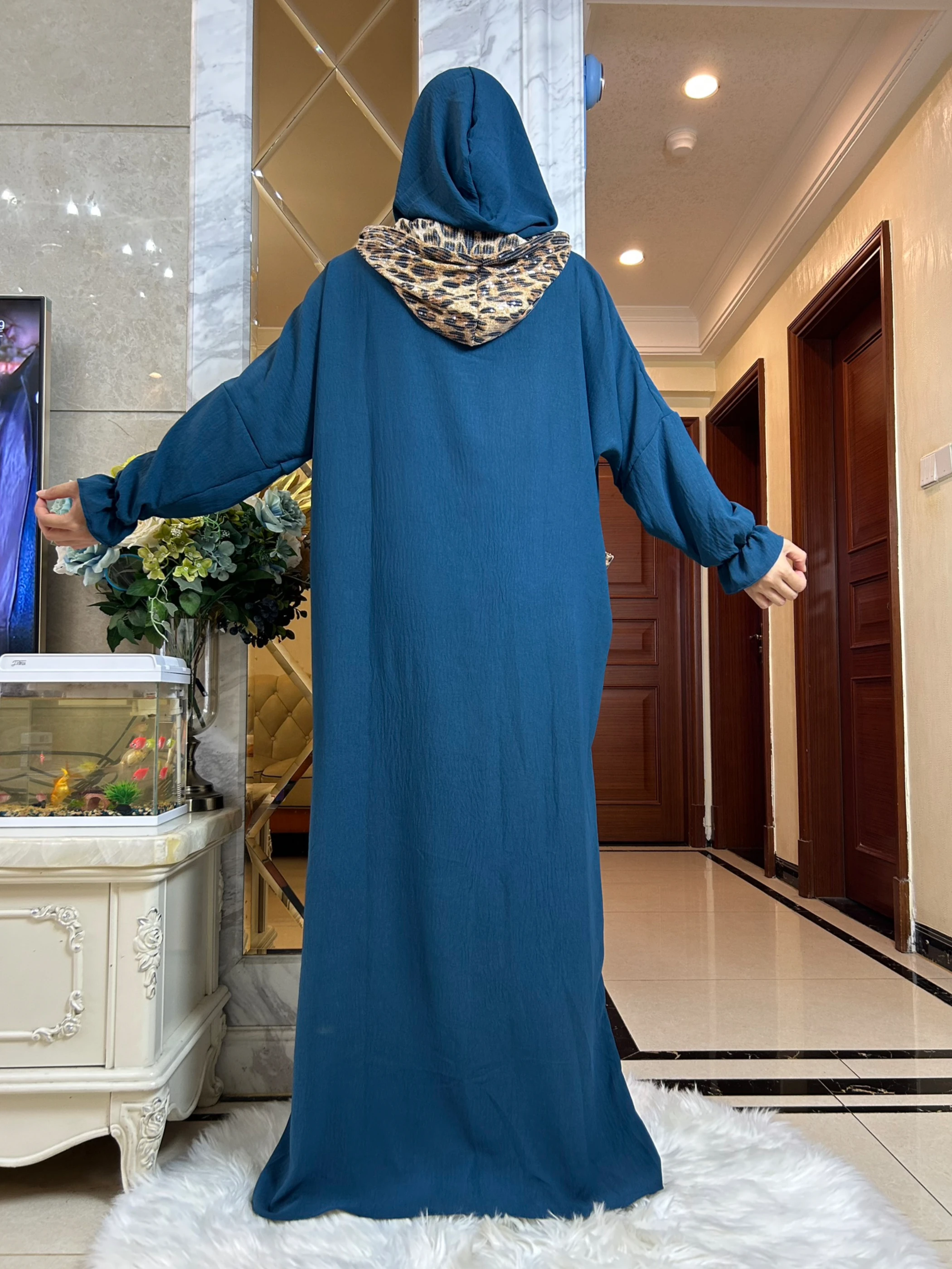 2025 Women's Cotton Abaya With Hood Leopard Print Pocket Ramadan