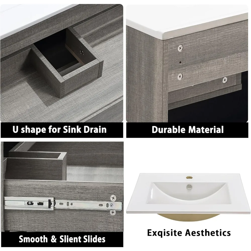 Bathroom Organizers, 30" Bathroom Vanity Wall Mounted Grey Floating Vanity Two Drawers Storage Cabinet With Ceramic Integrated S 4