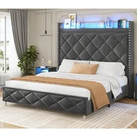 King Size Bed Frame with Tall Headboard, Kings Size Bed Frame with Charging Station, Led Upholstered Bed Frame King 1
