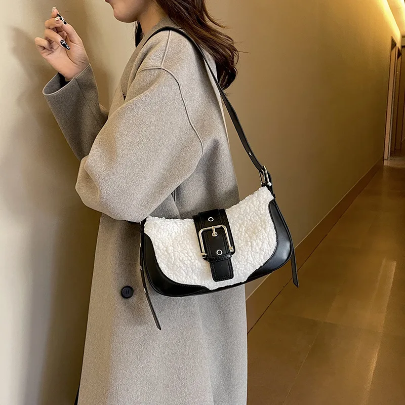 Handbag For Women Retro High Quality Stitching Plush Shoulder Underarm Bag Niche Design New Winter Fashion Crossbody Bags Purse