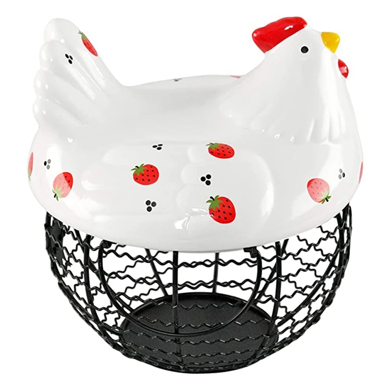 

Chicken Egg Basket For Egg Storage, Ceramic And Iron Decorative Basket With Chicken Design, Farmhouse Kitchen Decor