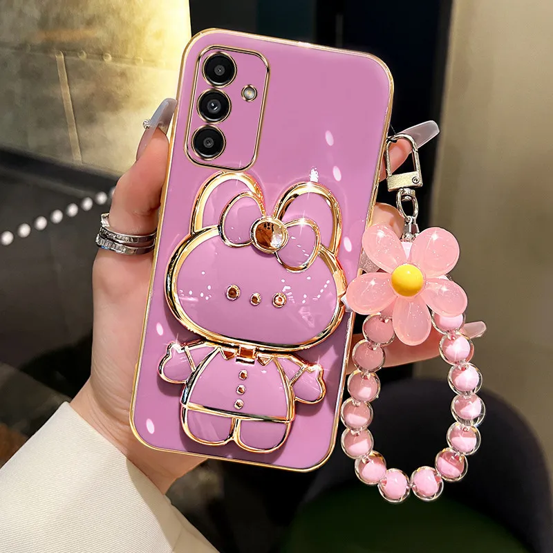 3D Rabbit Kickstand Electroplated Soft Wrist Flower Phone Case Cover