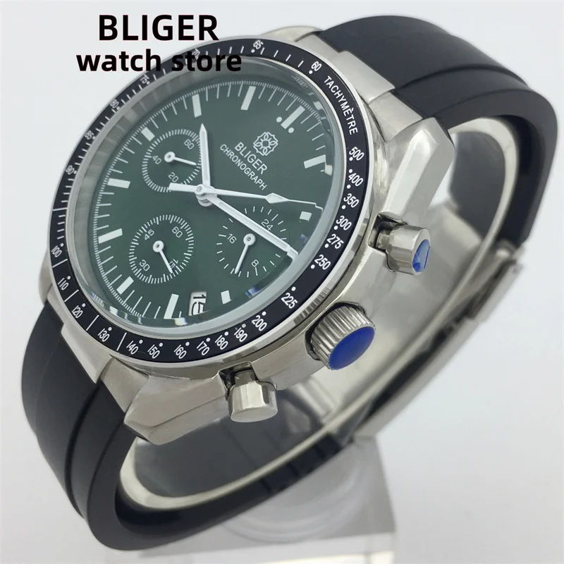 BLIGER 40mm Fashion quartz chronograph Men's watch Sapphire Glass VK63 Movement Calendar Green White black dial rubber bracelet