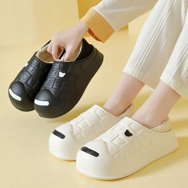 Winter Warm Cartoon Bear Waterproof Plush Women Home Slipper Lady Men Thick Furry Outside Cotton Shoes 6