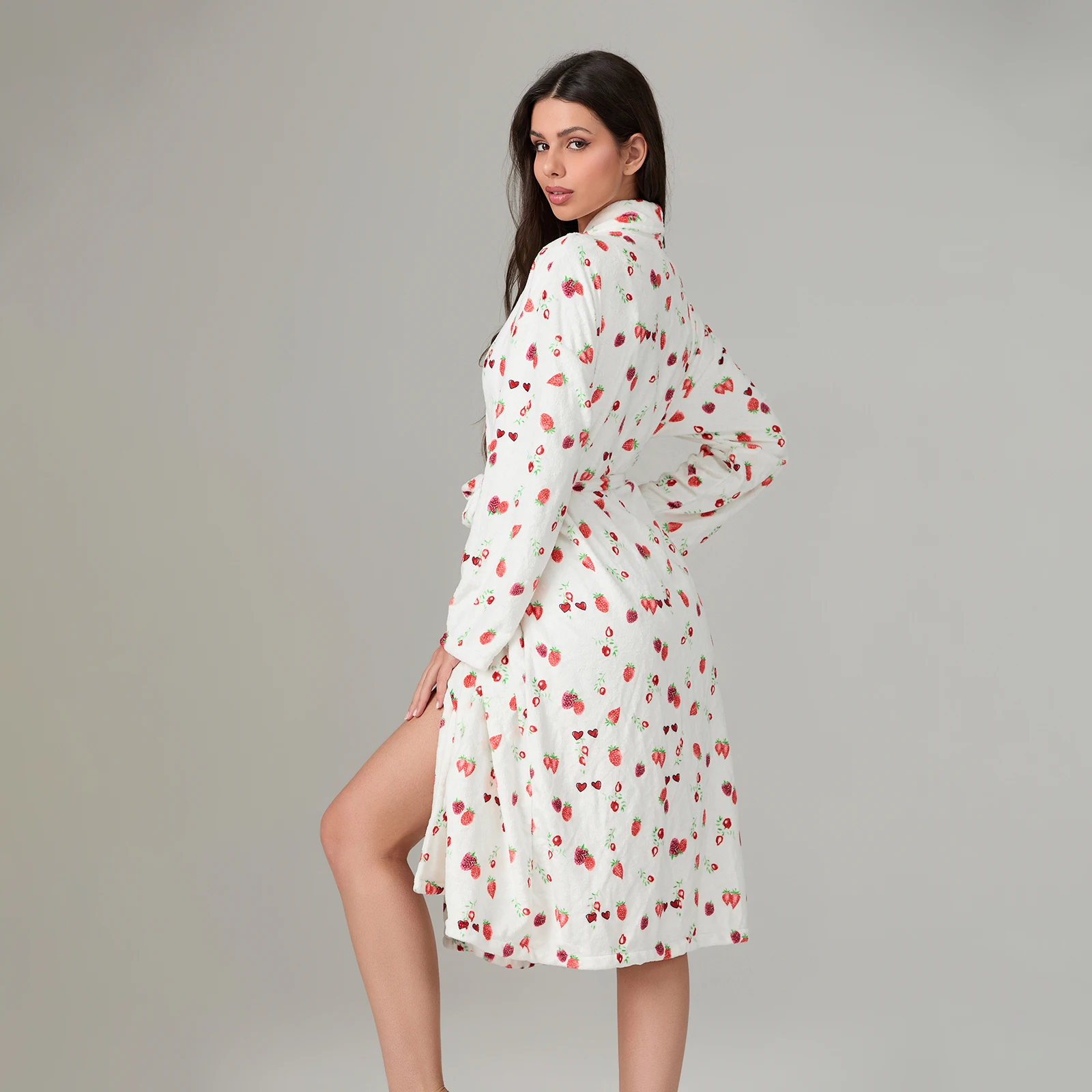 Women Autumn Winter Robe Belted Long Sleeve Strawberry Print Loose Warm Spa Bathrobe