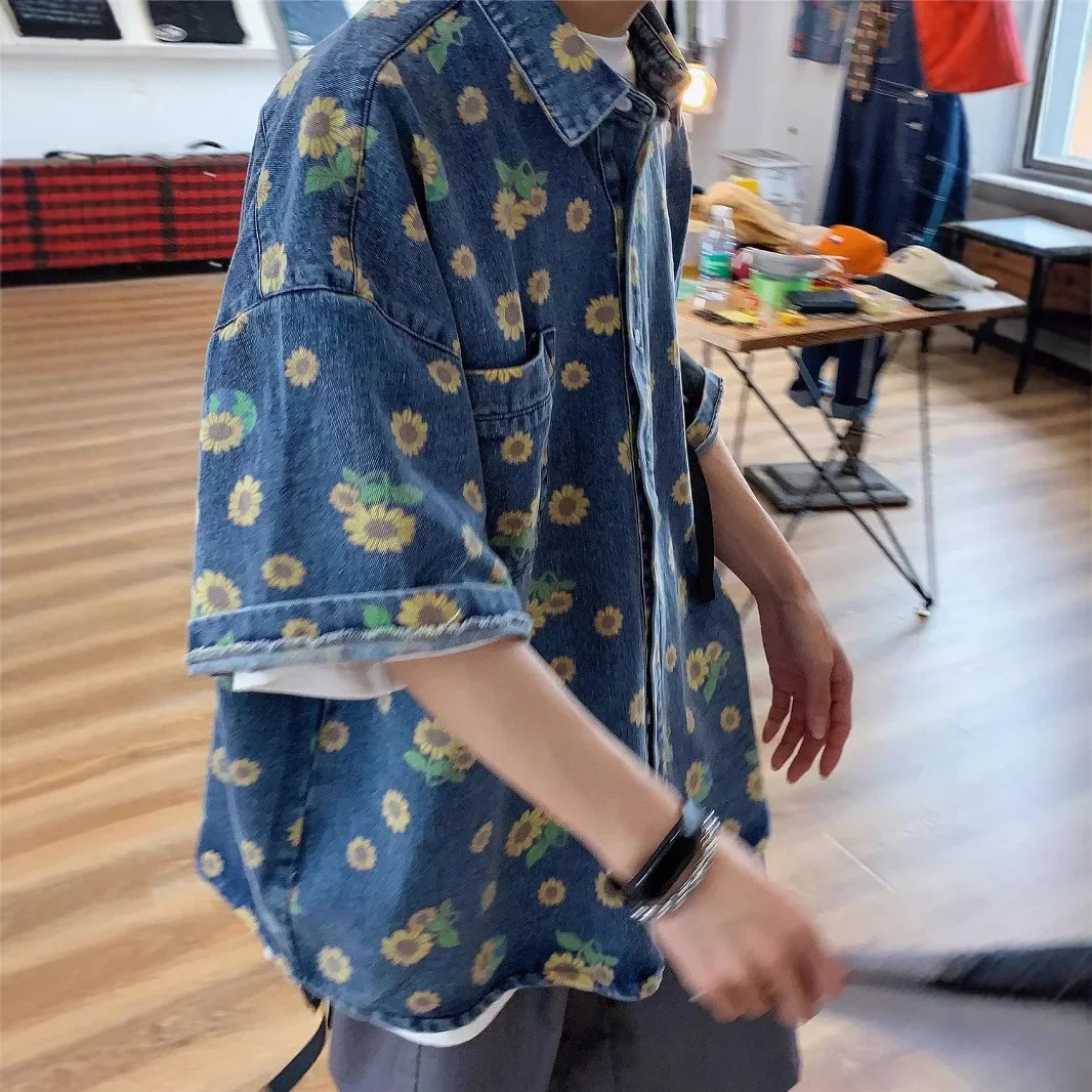 Retro Washed Denim Shirt Men's Summer Hong Kong Style Full Print Daisy Loose Short Sleeve Casual Top Trendy Loose Fit Shirt
