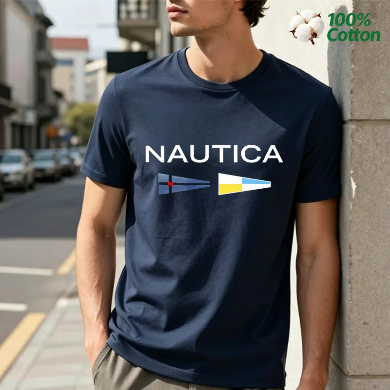 T-shirt da uomo Nautica con grafica bandiera a ventaglio, classica nautica, a maniche corte, casual, in cotone, streetwear, top basic estivo - immagine 4