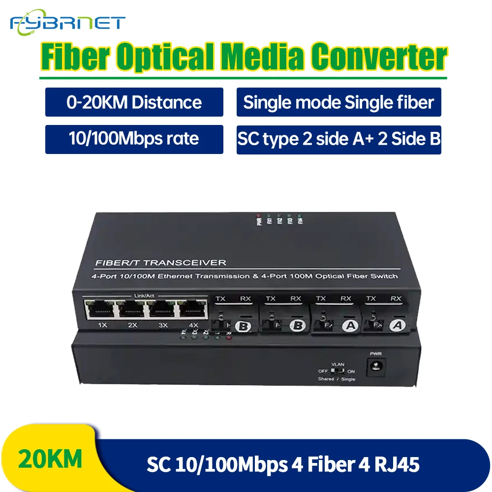 1PCS 4F4E 10/100M 155M Fiber Ethernet Media Converter Fast Ethernet switch 20KM 4 SC Fiber 4 RJ45 fiber Switch удлинитель poe osnovo e poe 1w уличный 10m 100m fast ethernet до 500м