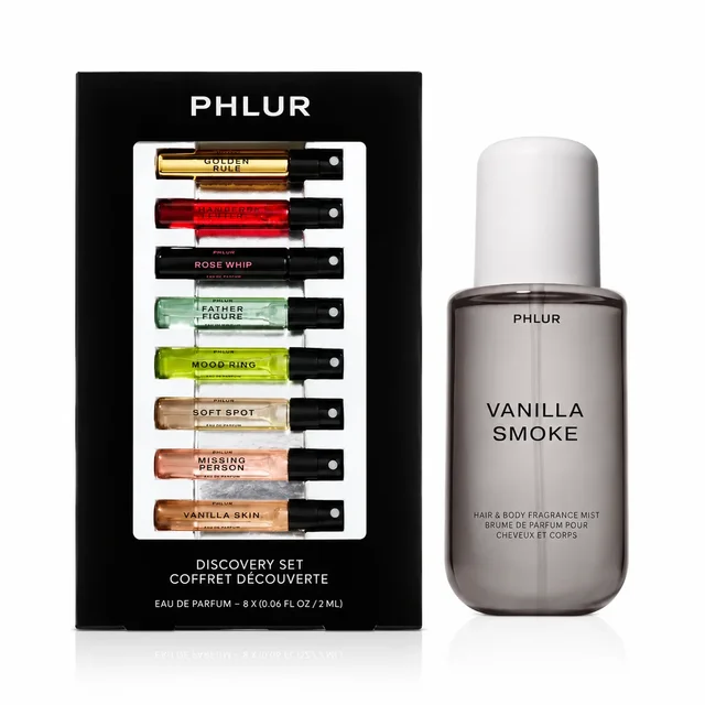 PHLUR 2PCS Women Perfume Gift Set 8x0.06 fl oz Discovery Set + 1.7 fl oz (50ml) Vanilla Smoke Hair & Body Fragrance Mist Long Lasting Scent Eau de Parfum Collection