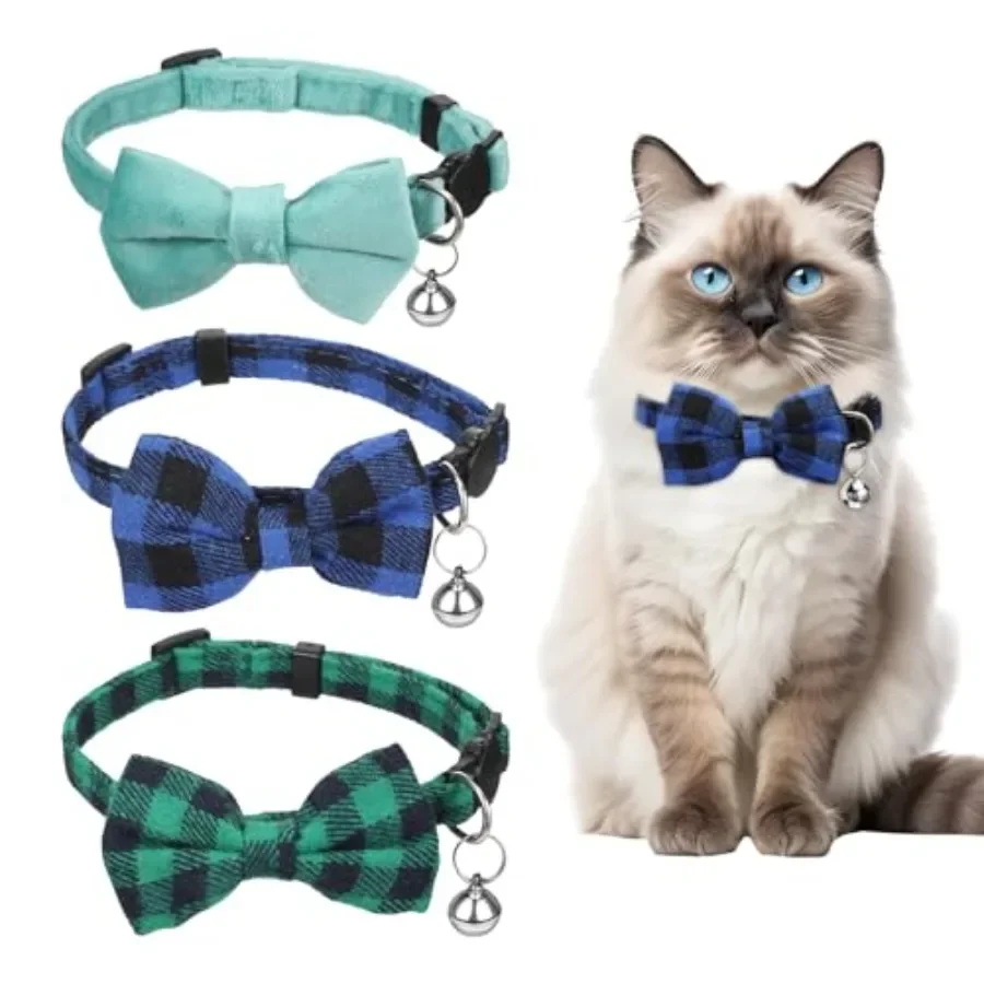 Cat Collar with Bell Breakaway Cat Collars with Cute Bow Tie Adjustable Kitty Collars Safety Buckle Kitten Collar Soft