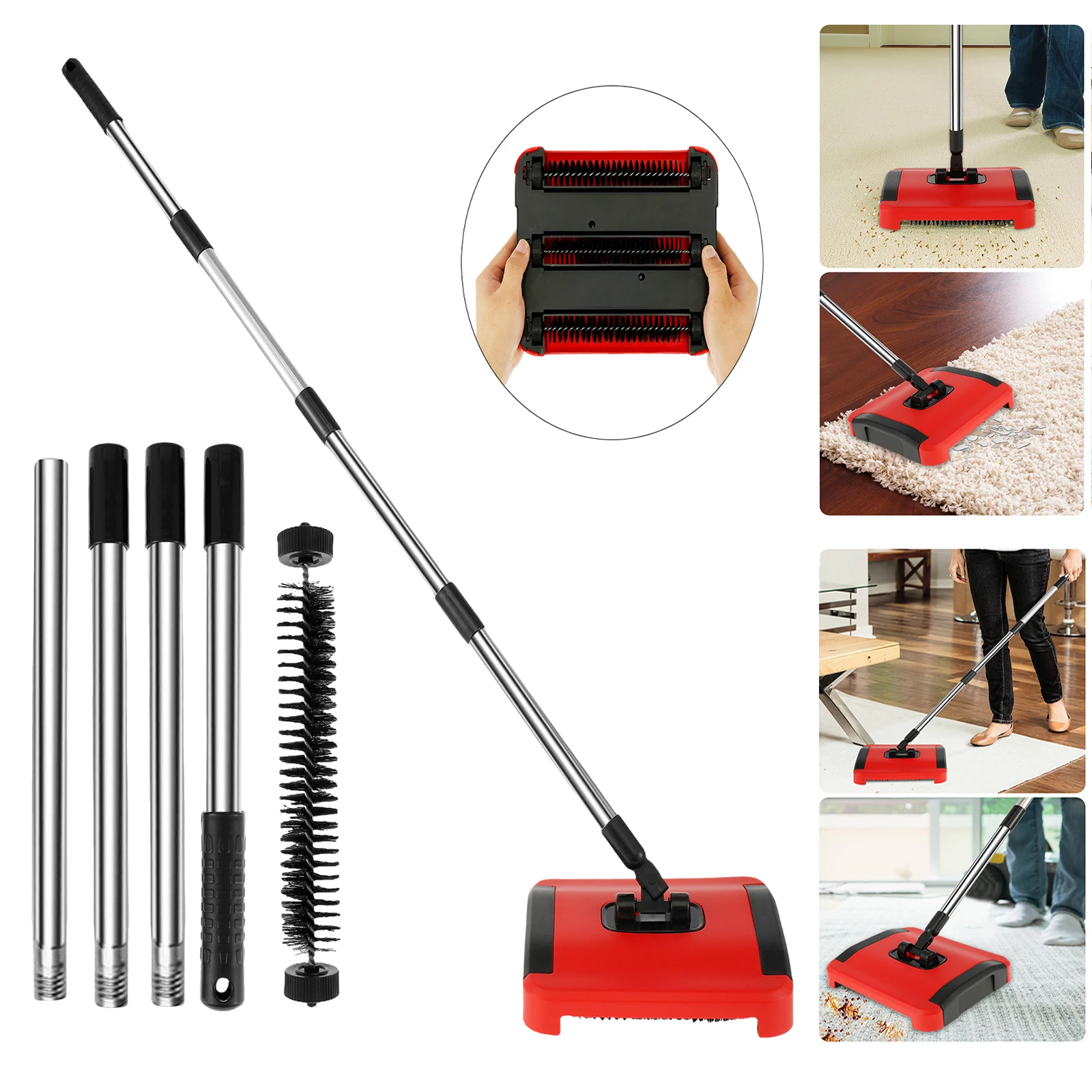 Brush Sweeper Carpet Floor Sweeper Pet Hair Fluff Dust Cleaner Efficient Hand Push Automatic Broom Cleaning Tool for Home Office carpet floor sweeper