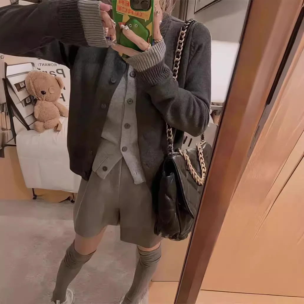 Gray Fake Two Piece Long Sleeve Knitted Sweater for Women