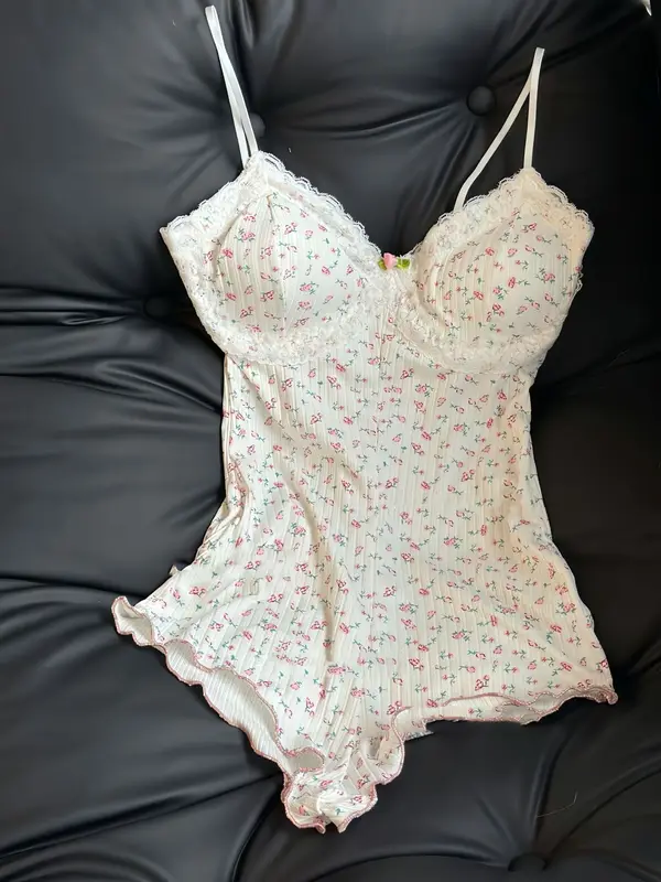 Women Sexy Floral Print Bodysuit Lace Trim Sleeveless Slim