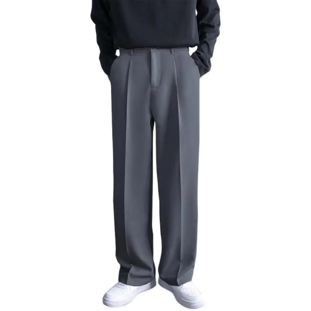 Men Pants Button Zipper Fly Pockets Loose Korean Style Suit Pants Spring Autumn Mid-Waist Straight Wide Leg Casual Trousers 5